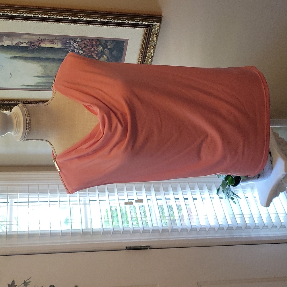MICHAEL MICHAEL KORS coral sleeveless top with gold zipper shoulders cow…S EUC